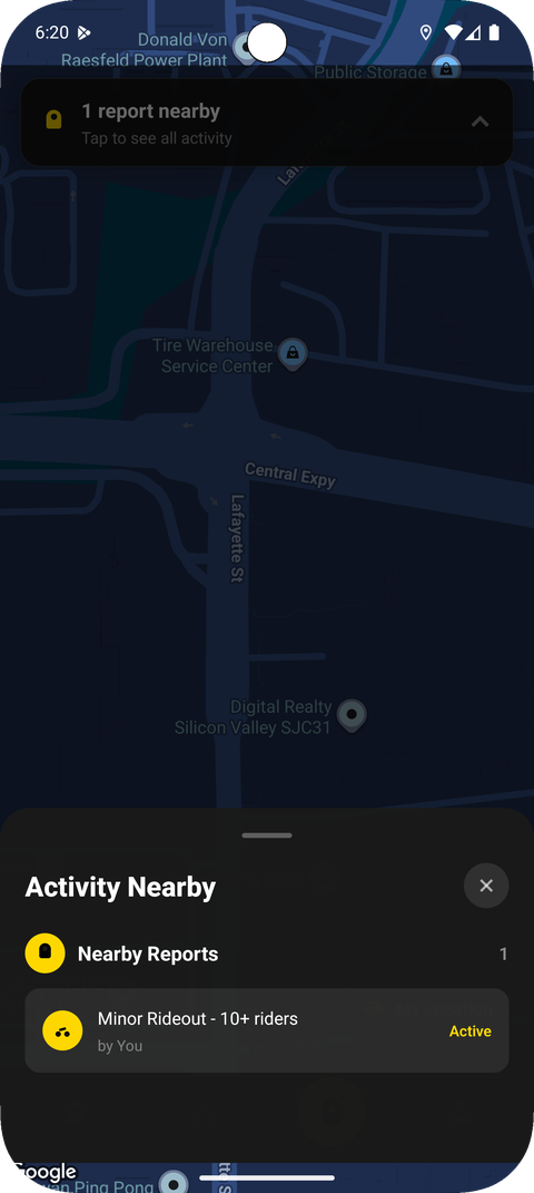 RideLink live map with nearby activity